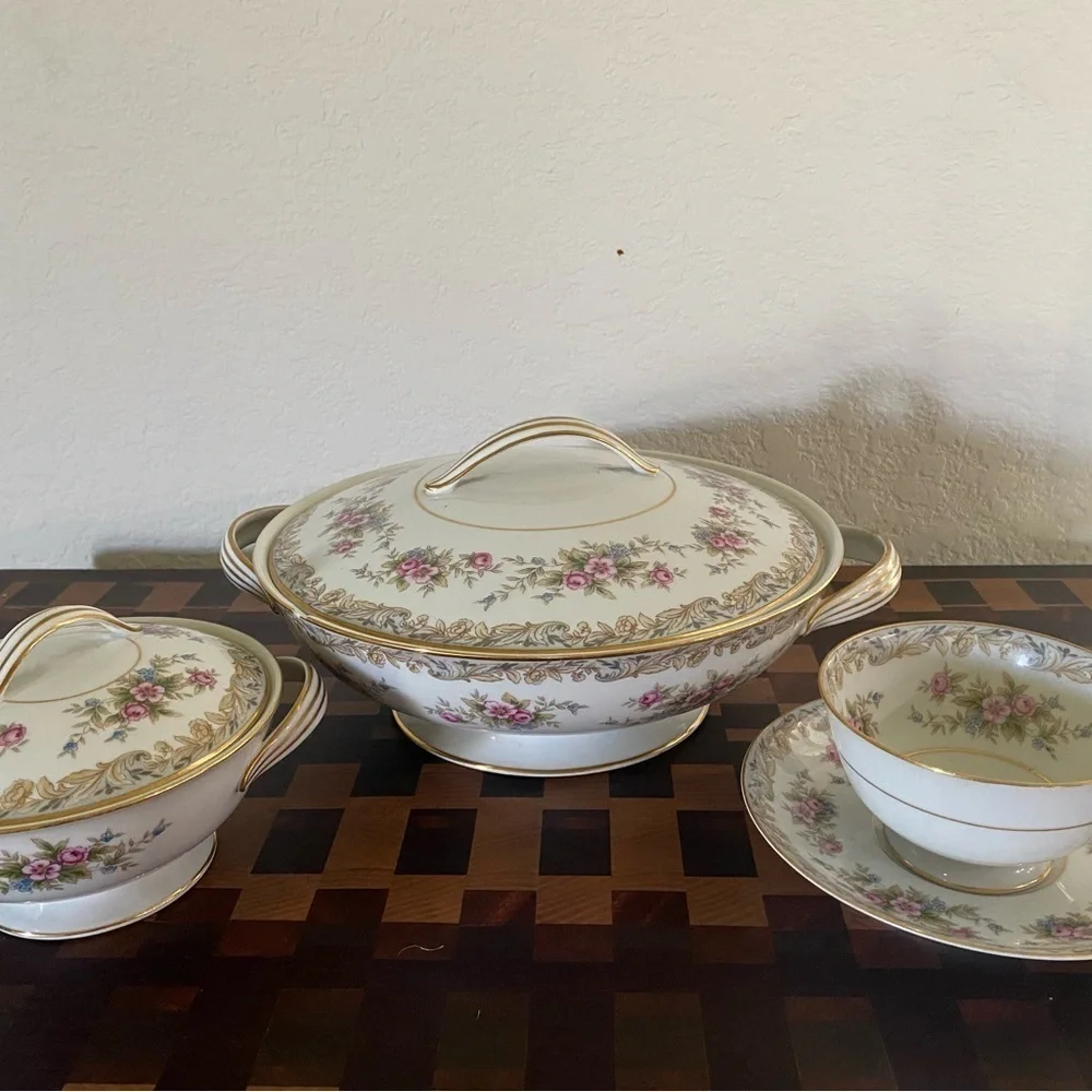 Noritake Somerset Fine China Serving Bowl Sugar Dish Tea Cup & Saucer Floral Set